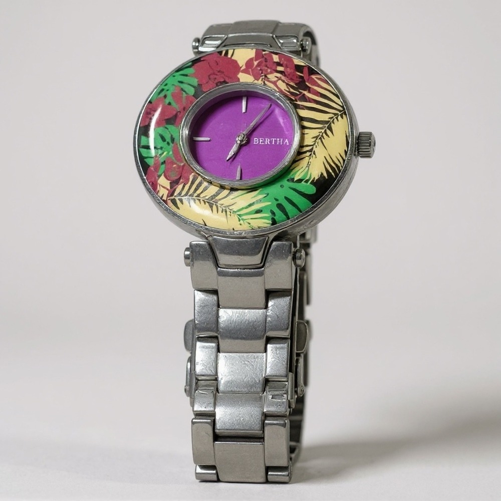 Bertha Elizabeth Floral Tropical Swiss Watch SILVER /PURPLE New Battery‎